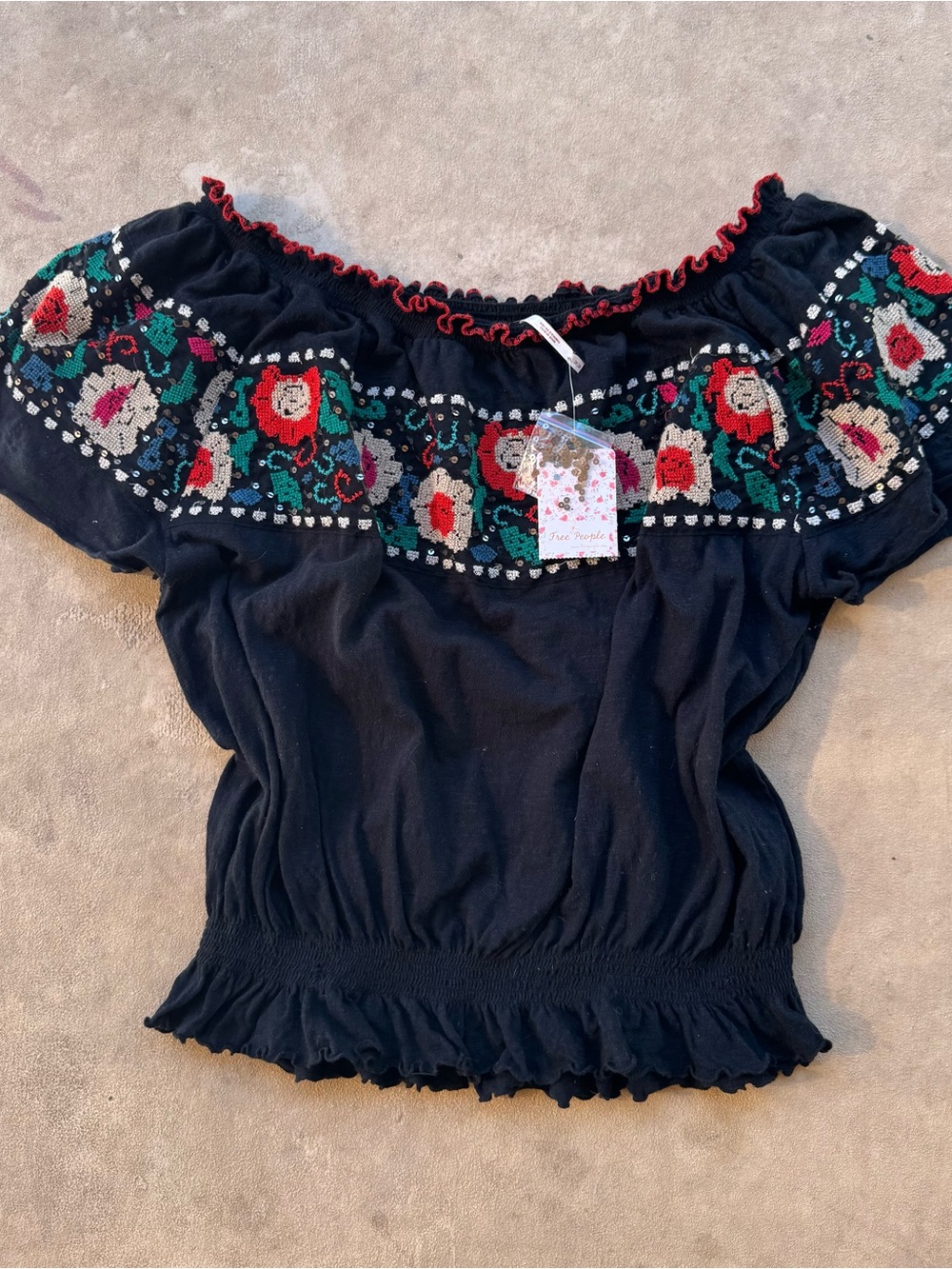 Free People Black Off-Shoulder Embroidered Crop Top